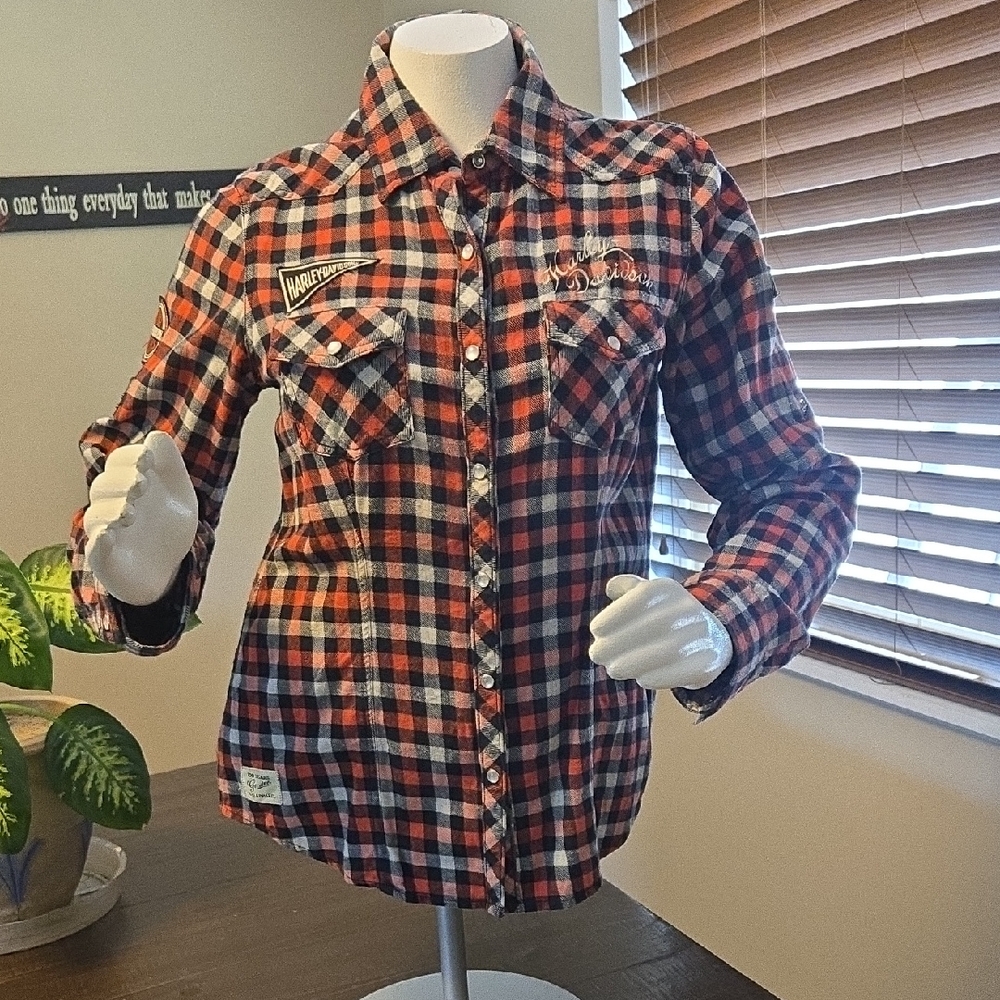 Harley-Davidson Womens Checkered Button-Down Shirt - Red, Black, and White